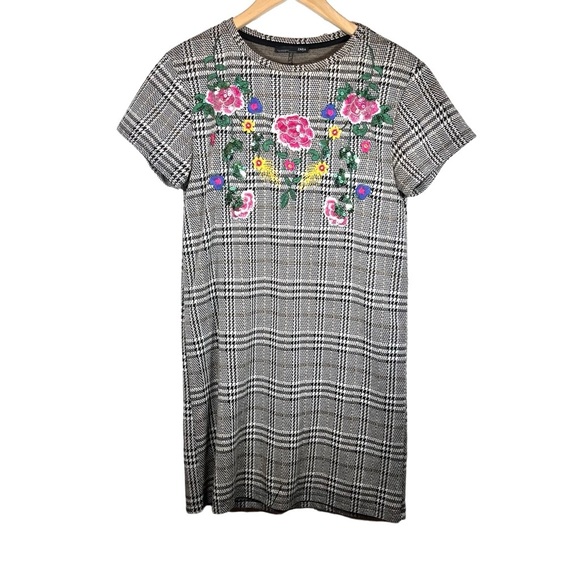 Zara Houndstooth Embroidered Sequined Shift Dress Size Small - Picture 2 of 5